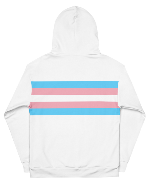 Back of trans pride hoodie with large transgender pride flag graphic, perfect for LGBTQ+ apparel.