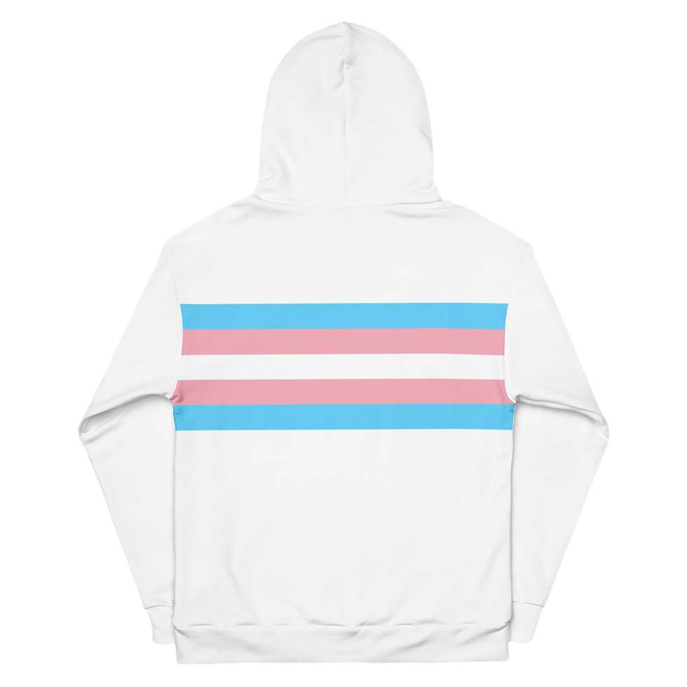 Back of trans pride hoodie with large transgender pride flag graphic, perfect for LGBTQ+ apparel.