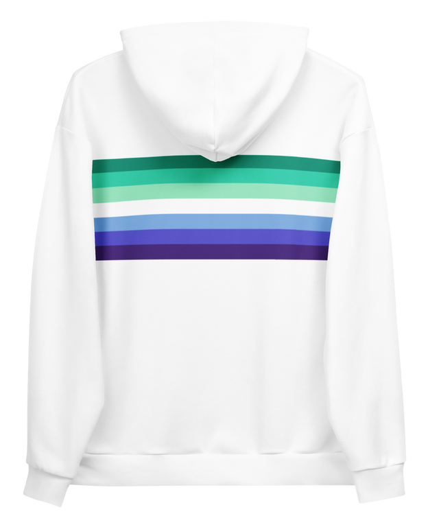 Gay mens hoodie with vibrant rainbow stripes inspired by the gay men’s pride flag