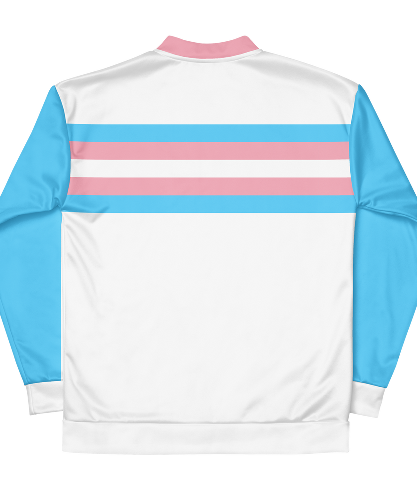 Back of trans pride jacket with large trans flag graphic, perfect for LGBTQ+ pride apparel.