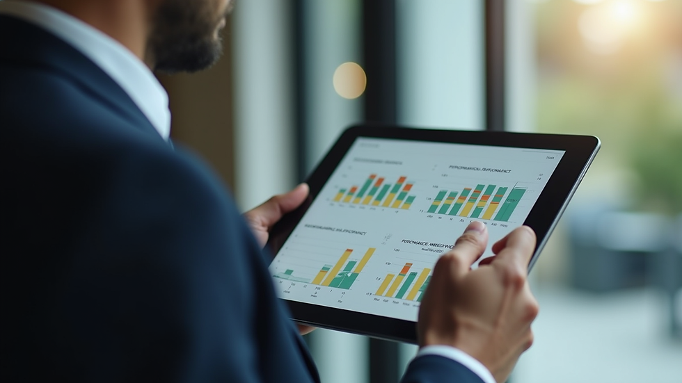 Close-up view of hotel manager reviewing performance charts on a tablet