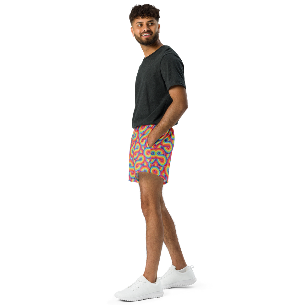 Psychedelic Swirl Rainbow Unisex Athletic Shorts by This Gay Tee - LGBTQ+ shorts with rainbow S-pattern design