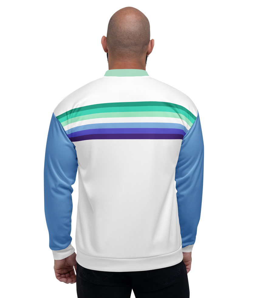 Model wearing a gay mens jacket, showcasing the colorful gay men’s pride flag stripes.