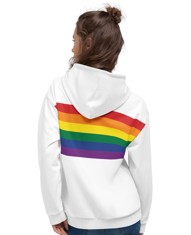 Model wearing a rainbow pride hoodie, showcasing colorful pride stripes.