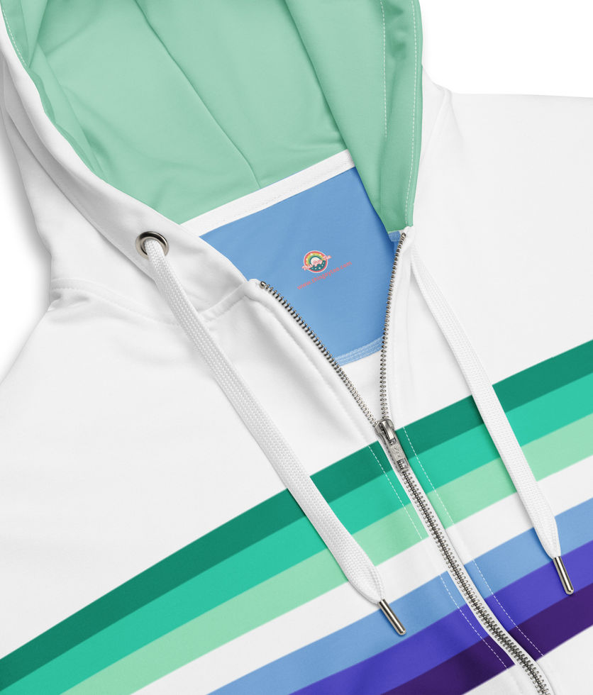 White zip hoodie with mens gay pride colors