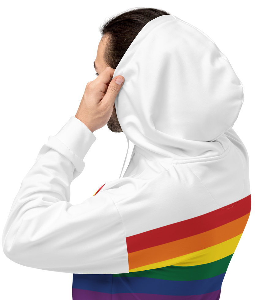 Rainbow pride hoodie with bold rainbow stripes inspired by the LGBTQ+ pride flag.
