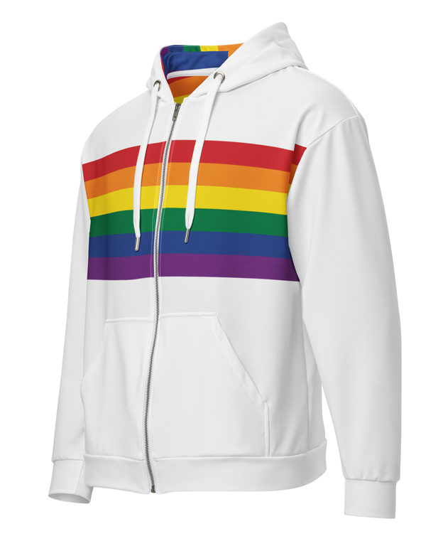 White hoodie with rainbow stripes on the front, back and inside the hood.