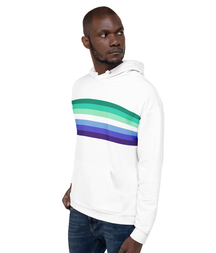 Model wearing a gay mens hoodie, showcasing colorful gay men’s pride flag stripes.