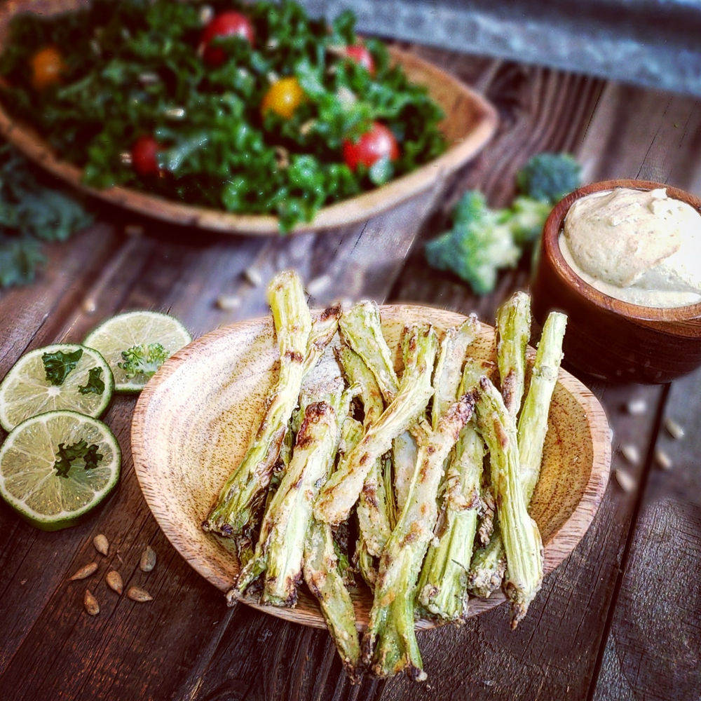 Broccoli Stem Fries with (Hot Spicy Almond Dip)