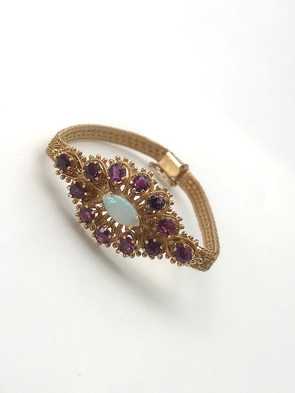 Thumbnail: Beautiful  Estate Vintage 14k Yellow Genuine Garnets/Opal Bracelet 6” 