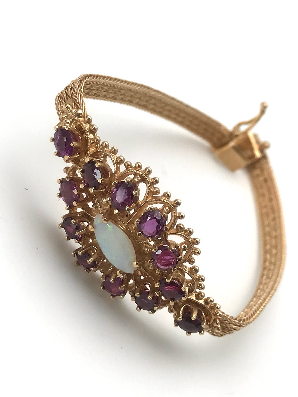 Thumbnail: Beautiful  Estate Vintage 14k Yellow Genuine Garnets/Opal Bracelet 6” 