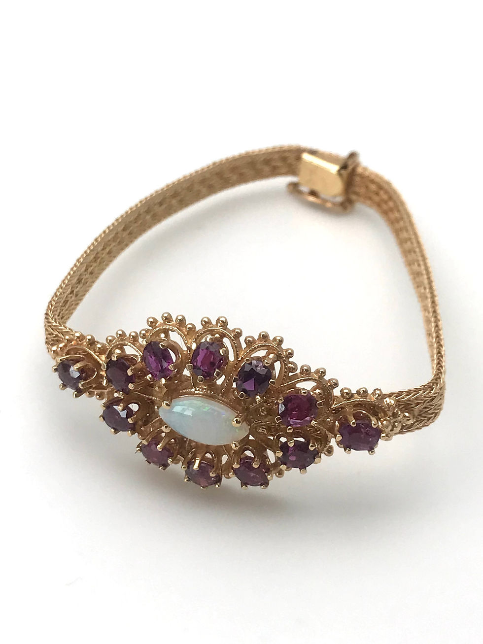 Thumbnail: Beautiful  Estate Vintage 14k Yellow Genuine Garnets/Opal Bracelet 6” 