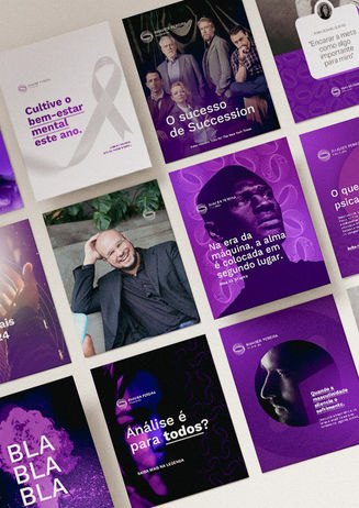 Grid de posts para Instagram de psicanalista com branding roxo sobre saúde mental.