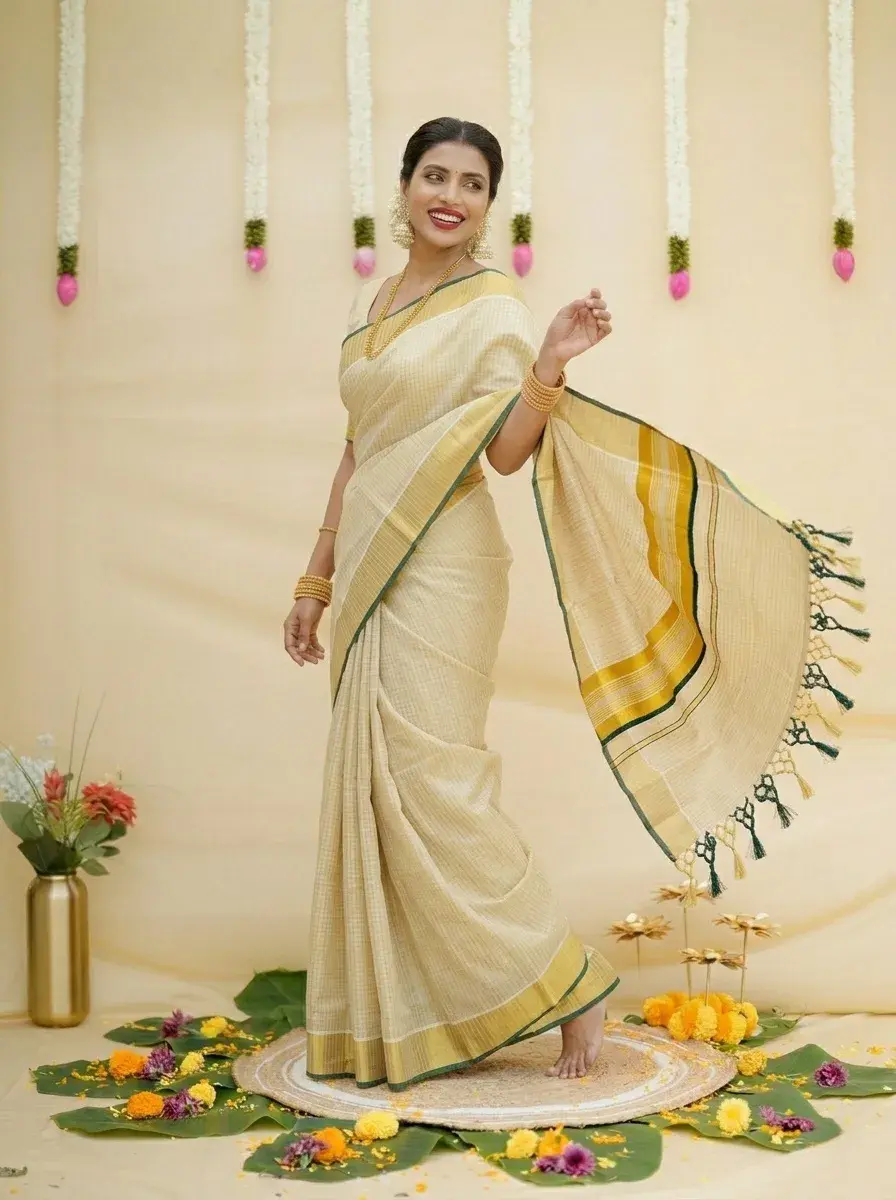 Tiny Block Kasavu Tissue Green Border Saree with Blouse