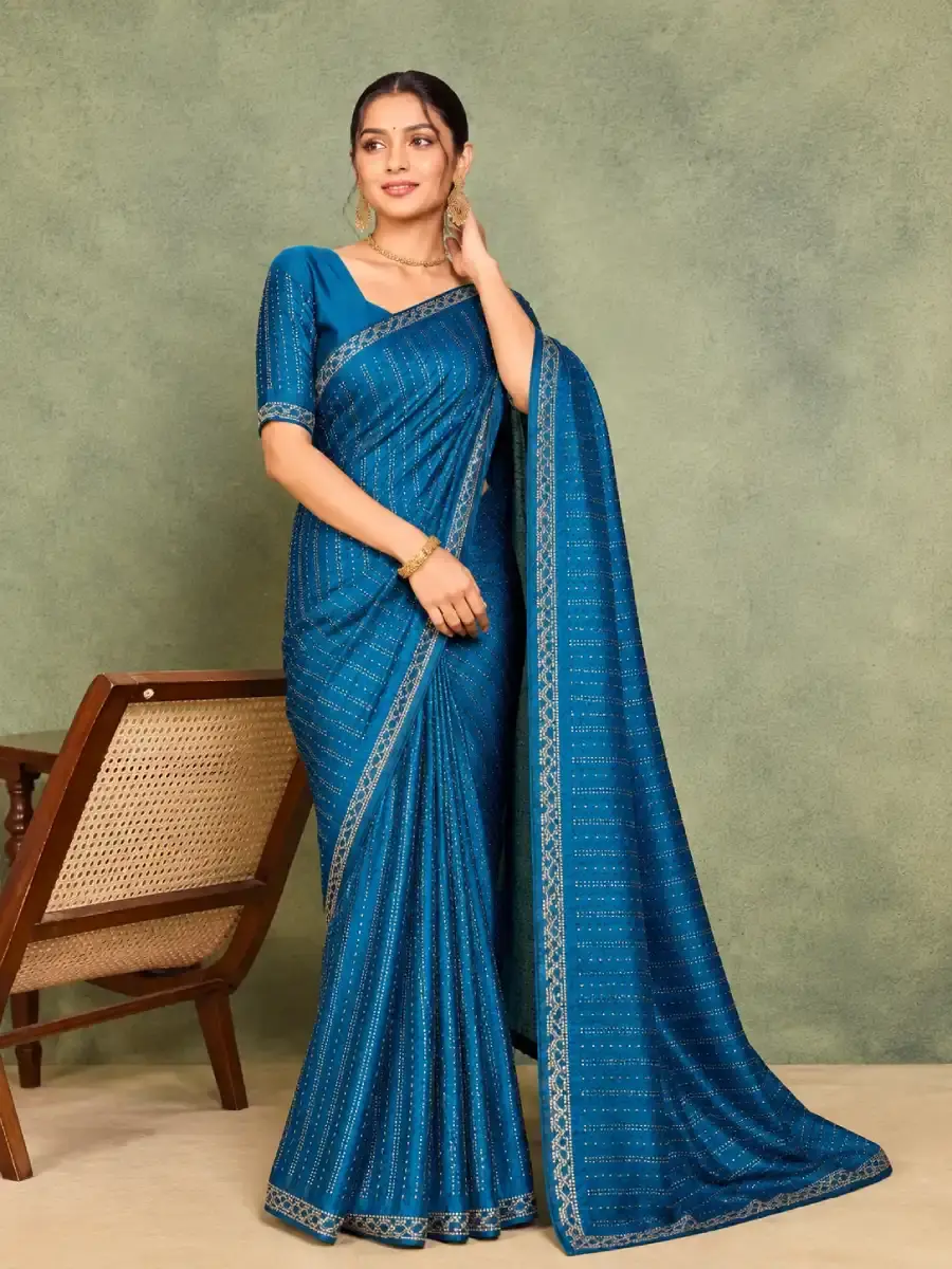 Women’s Embellished Teal Blue French Satin Saree with Swarovski Border main view