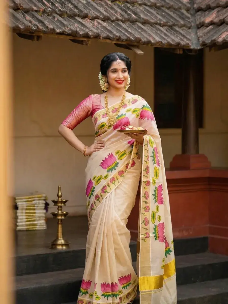 Lotus Kasavu Golden Tissue Saree with Running Blouse main view