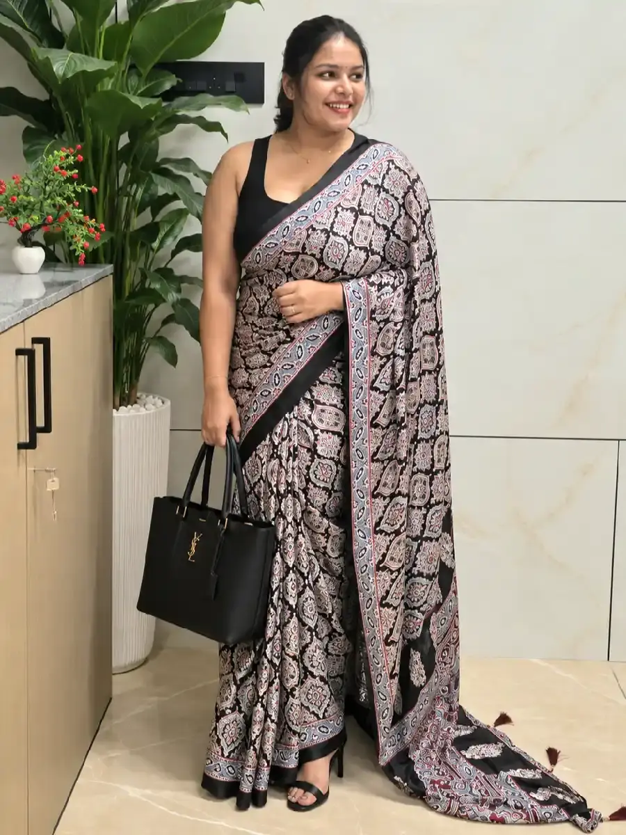 Ajrakh Design Black Pure Modal Silk Designer Saree with Blouse main view