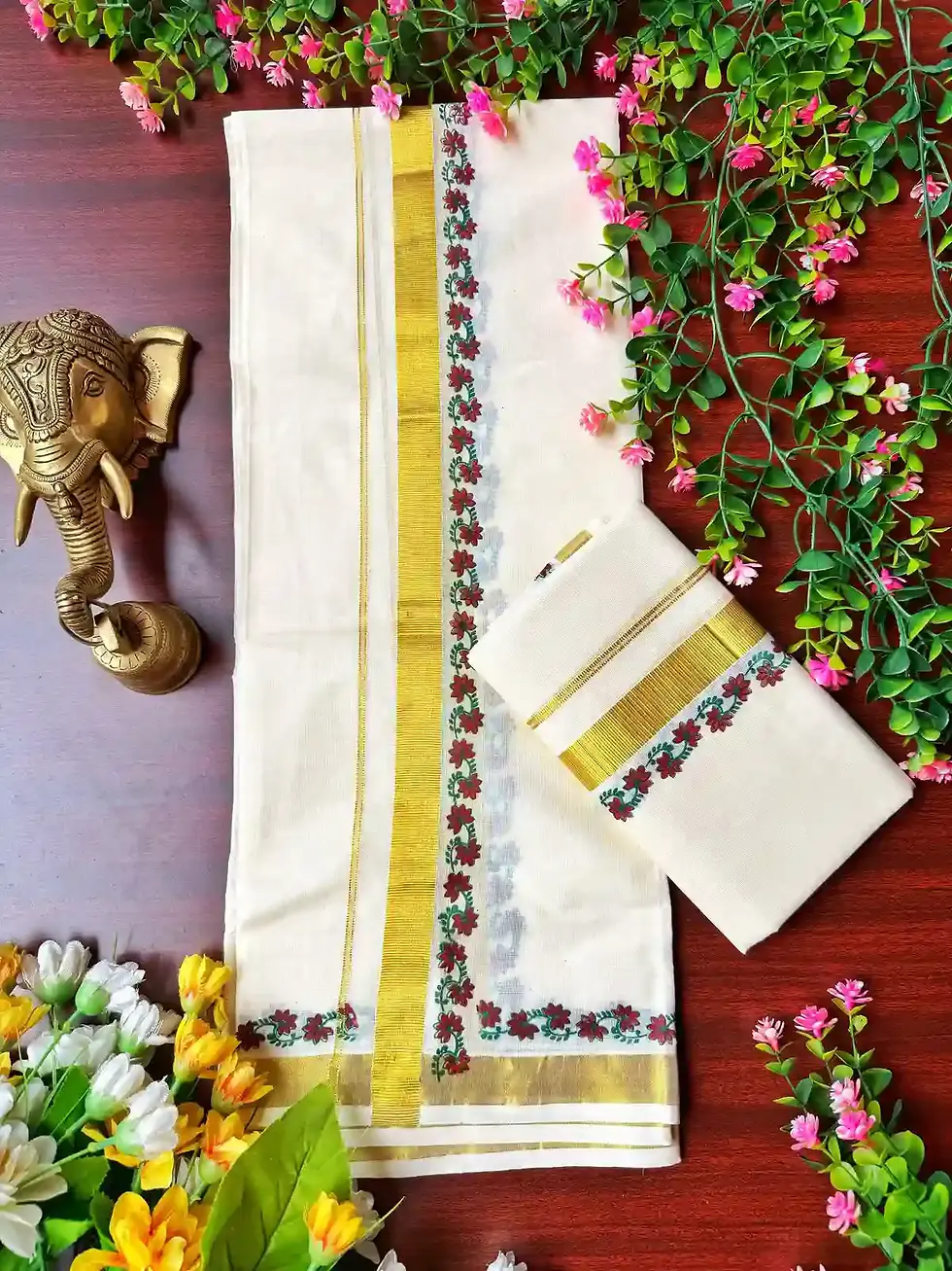 Maroon Creeper Kasavu Cotton Setmundu top view