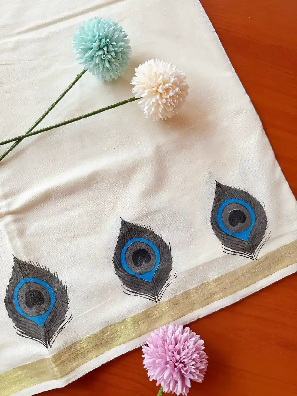Ciel Blue & Black Feather Kasavu Cotton Kerala Saree with Blouse border design view
