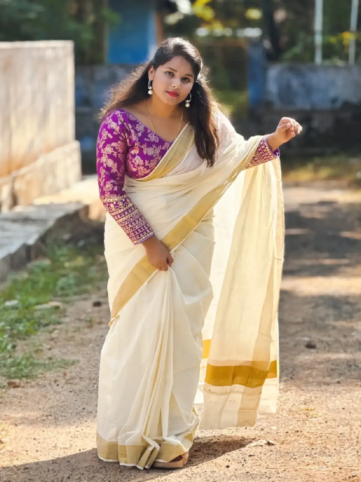 3 Inch Pure Cotton Kasavu Saree with Readymade Blouse