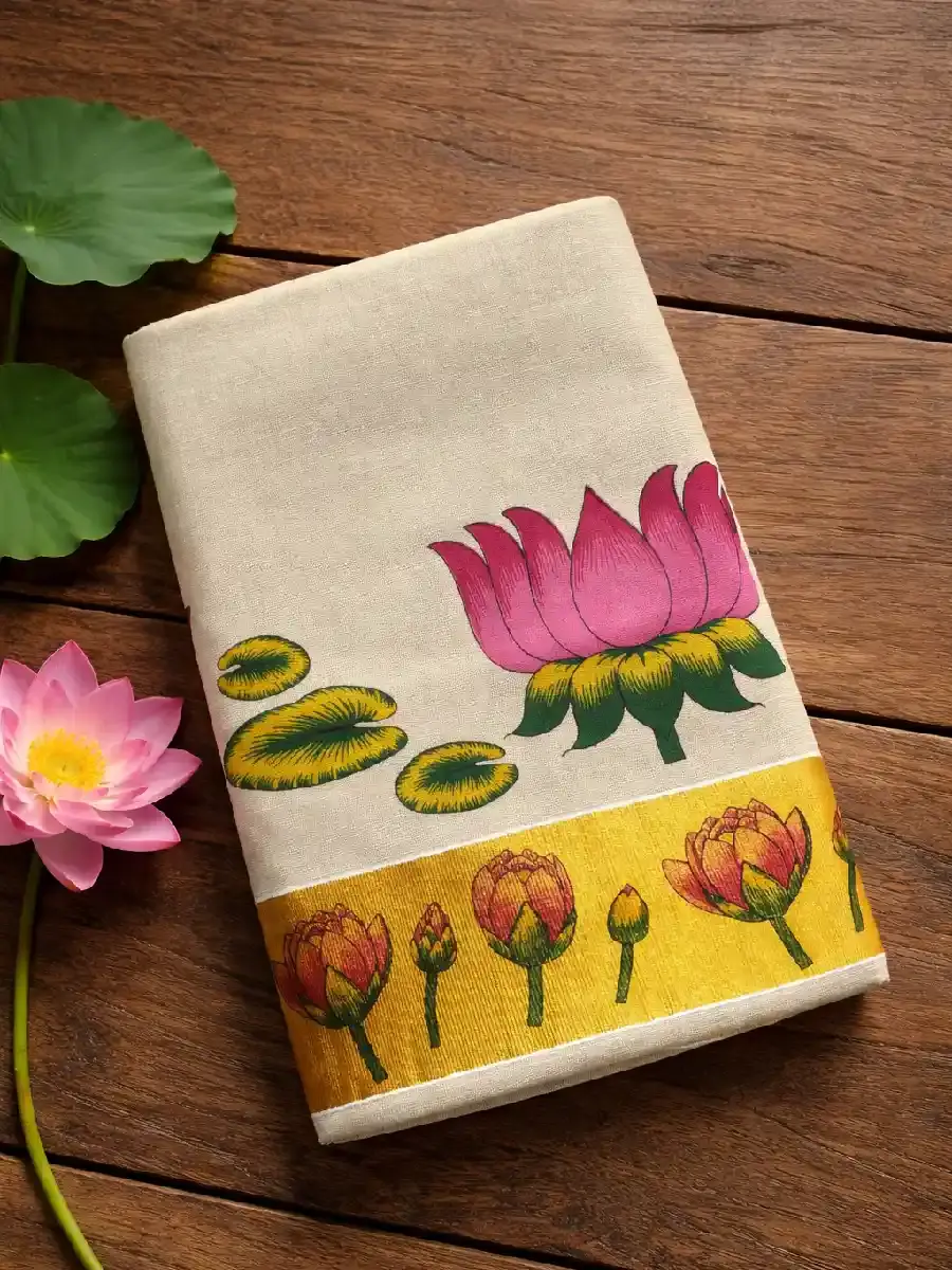 Thumbnail: Lotus Kasavu Golden Tissue Saree with Running Blouse saree folded view