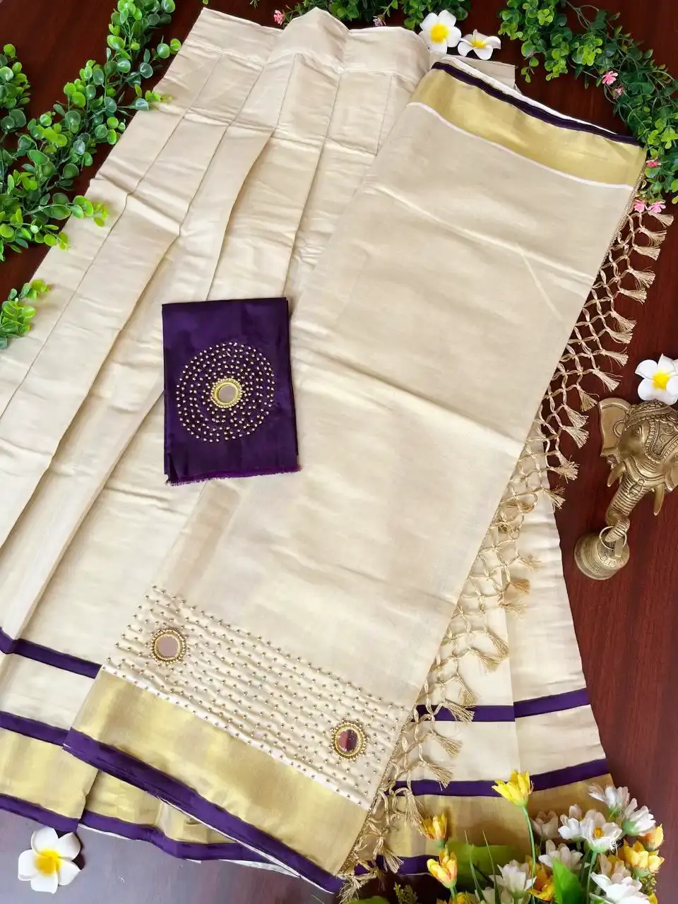 Purple Stone & Mirror Work Kasavu Tissue Dhavani Set main view