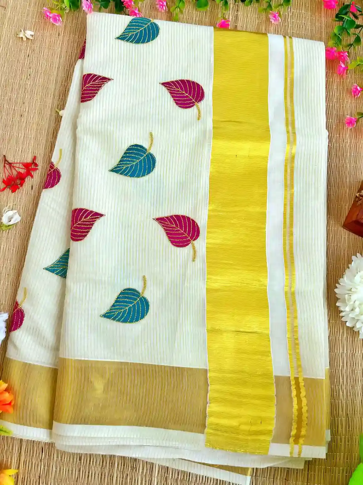 Blue & Grape Leaf Embroidery Golden Stripe Kasavu Cotton Saree