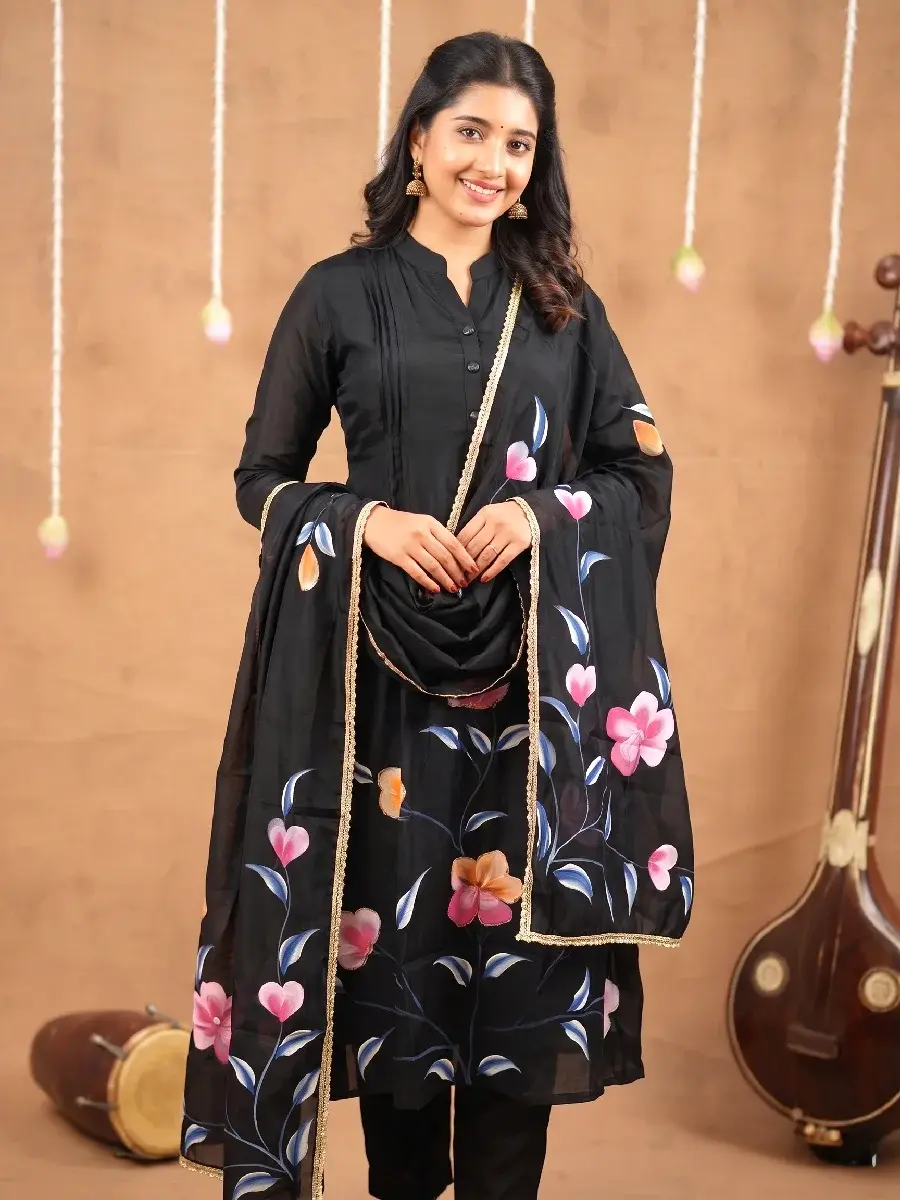 Black Flora Silk Kurta Set with Mandarin Collar and Pintuck Bodice main view