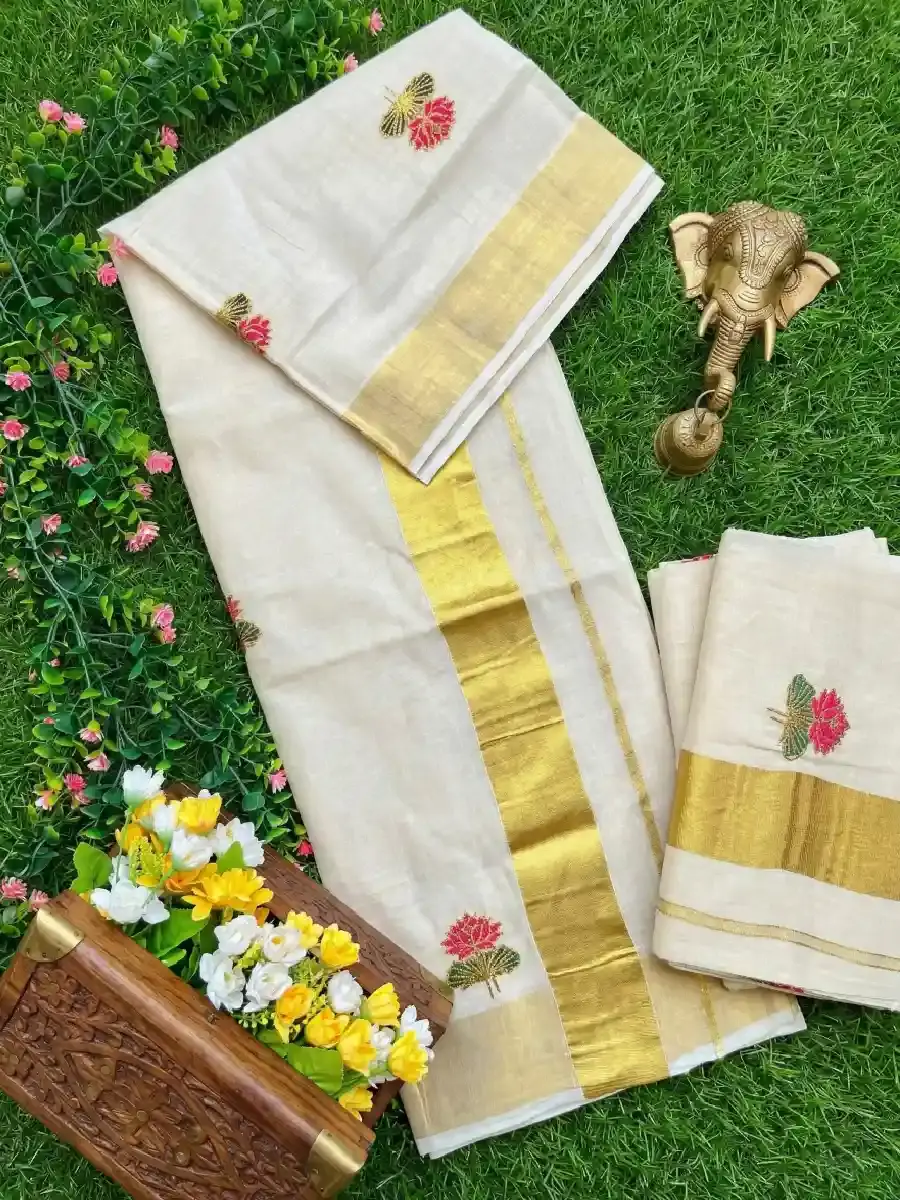 Lotus Embroidery Kerala Kasavu Tissue Saree top view