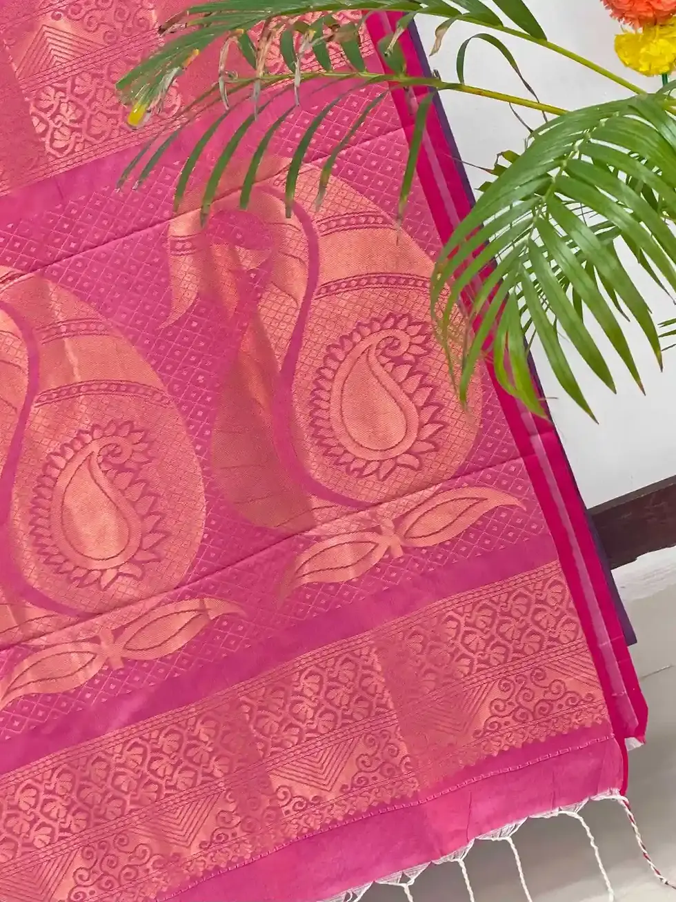 Floral Copper Zari Aqua Blue Soft Silk Saree with Rouge Pallu pallu closeup view