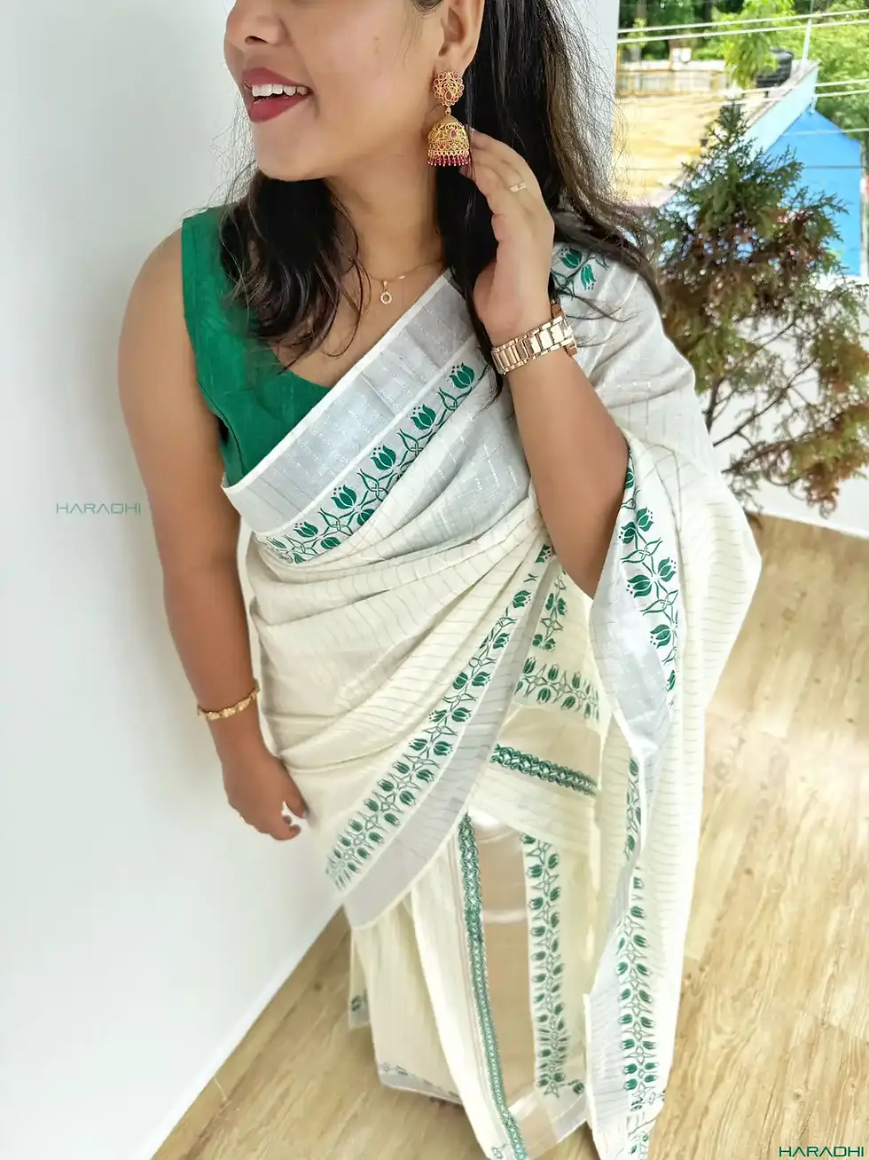 Thumbnail: Green Lotus Floral Stripe Silver Kasavu Cotton Setmundu top angle front portion view