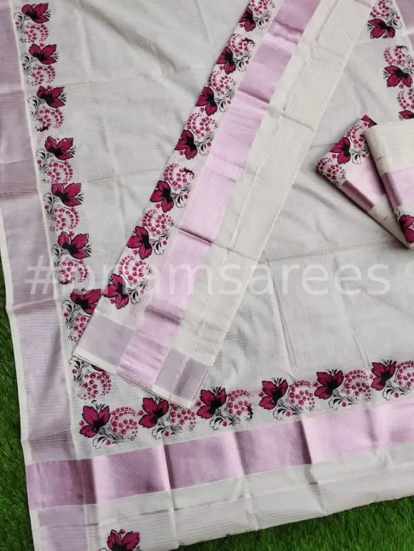 Fuchsia Pink Bloom Stripe Designer Silver Cotton Set Mundu main view