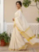 Premium Golden Polka Dot Zari Woven Kasavu Cotton Saree with Running Blouse side view