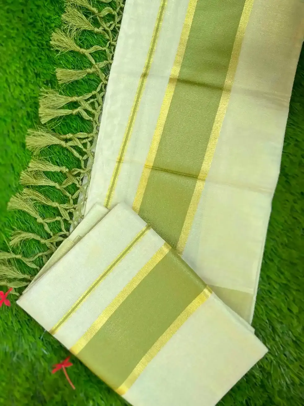 Pea Green Kasavu Tussel Tissue Setmundu closeup view