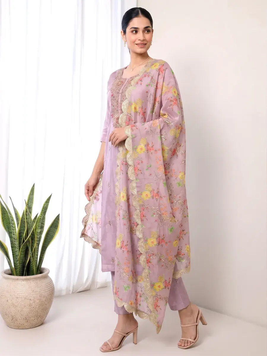 Thumbnail: Lavender Kurta Set with Floral Organza Scalloped Dupatta & Trousers side view