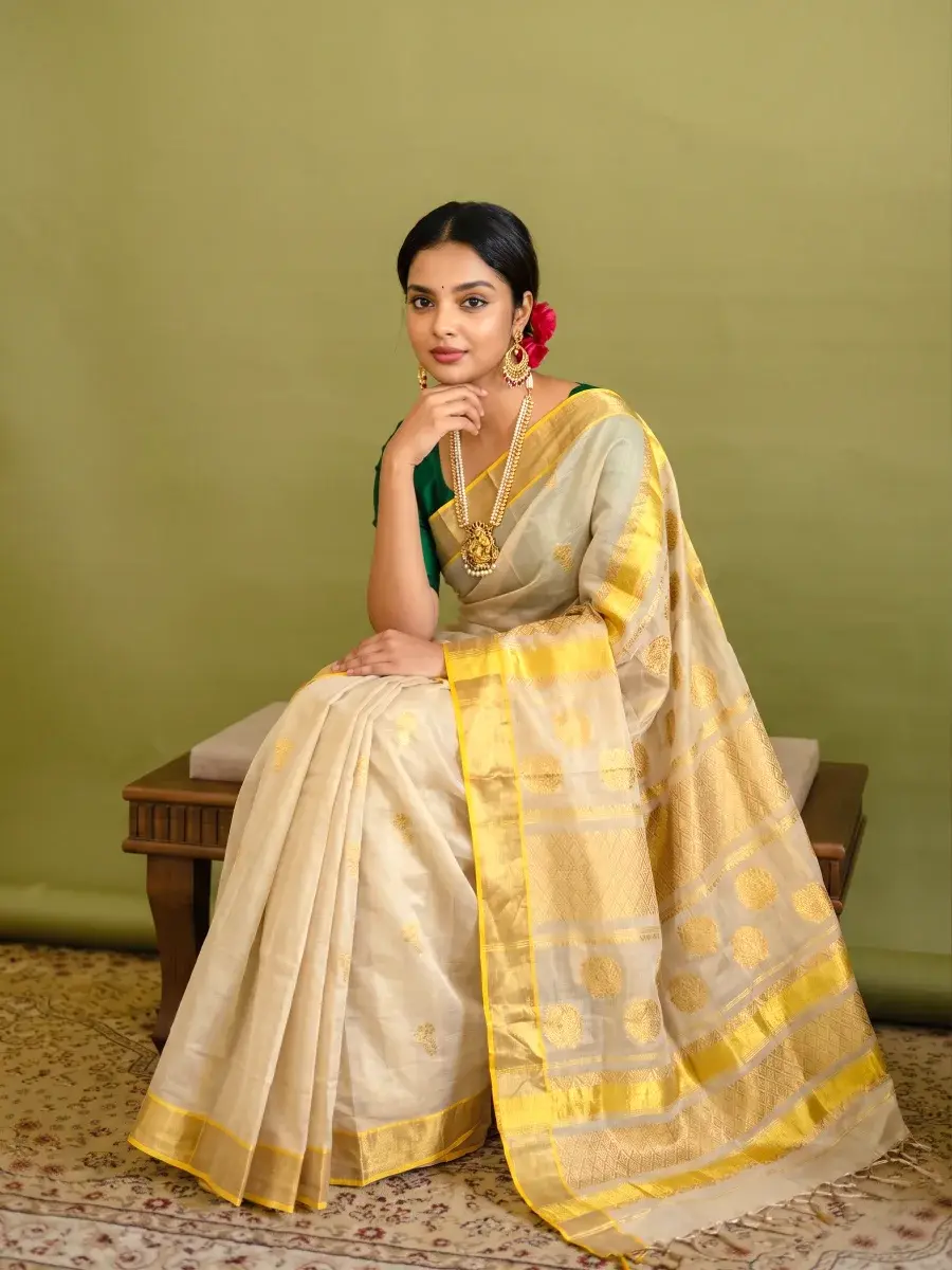 Premium Mango Jacquard Hand Woven Kasavu Saree with Orange Border main view