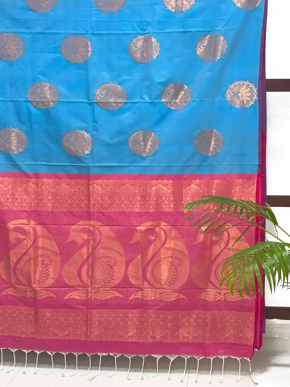 Floral Copper Zari Aqua Blue Soft Silk Saree with Rouge Pallu main view