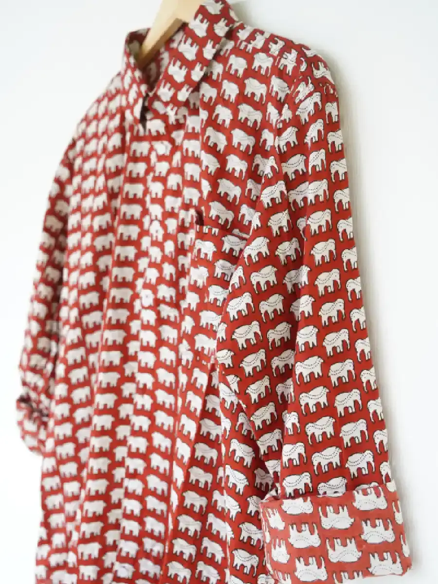 Thumbnail: Vivid Maroon Gajah Motif Jaipur Ajrak Shirt