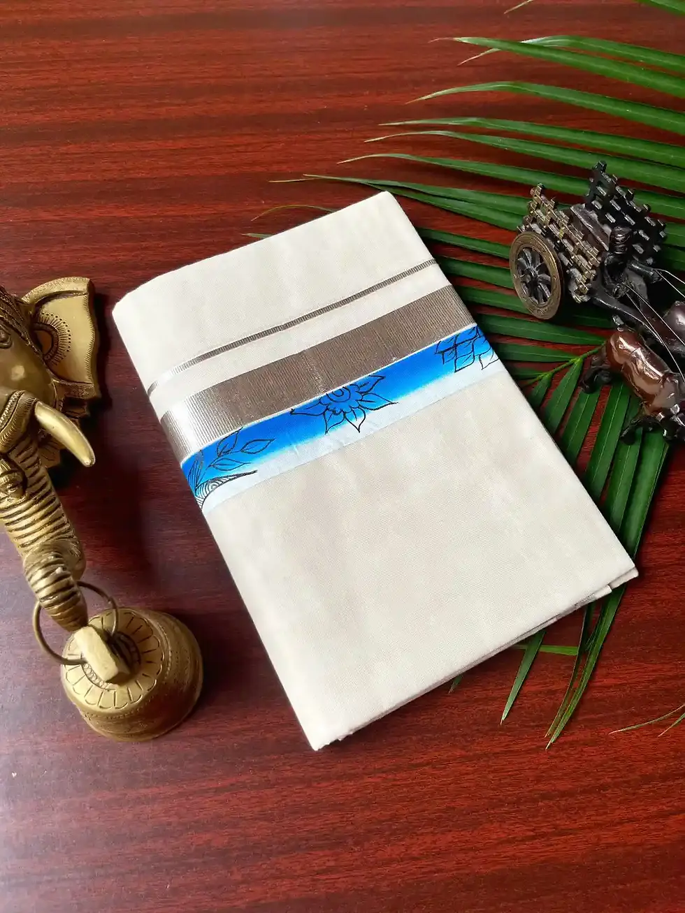 Hand Paint Blue Gradient Silver Kasavu Double Mundu folded view