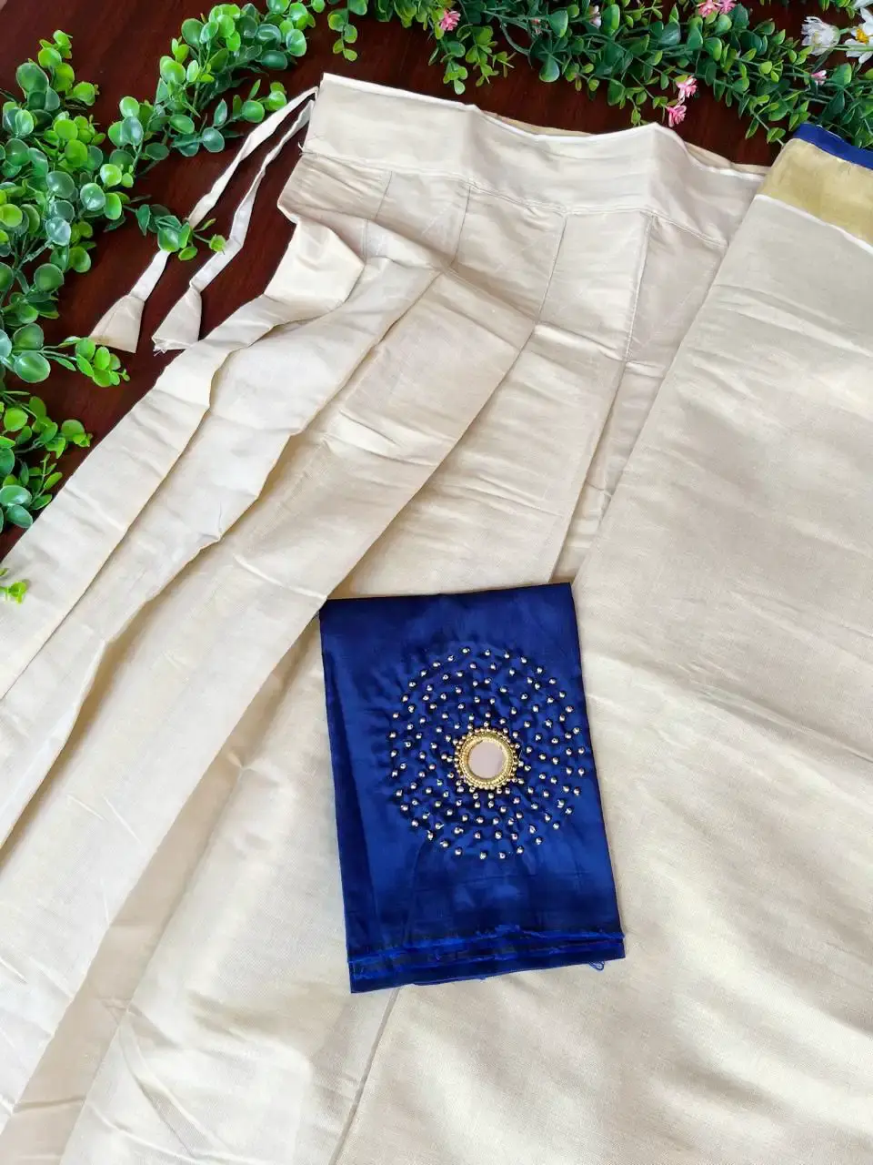 Thumbnail: Blue Stone & Mirror Work Kasavu Tissue Dhavani Set blouse view