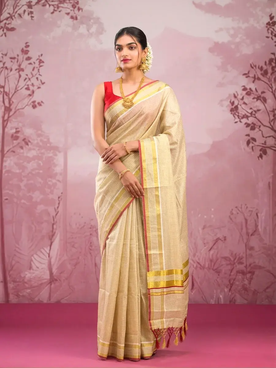 Tiny Block Kasavu Tissue Red Border Saree with Blouse main view