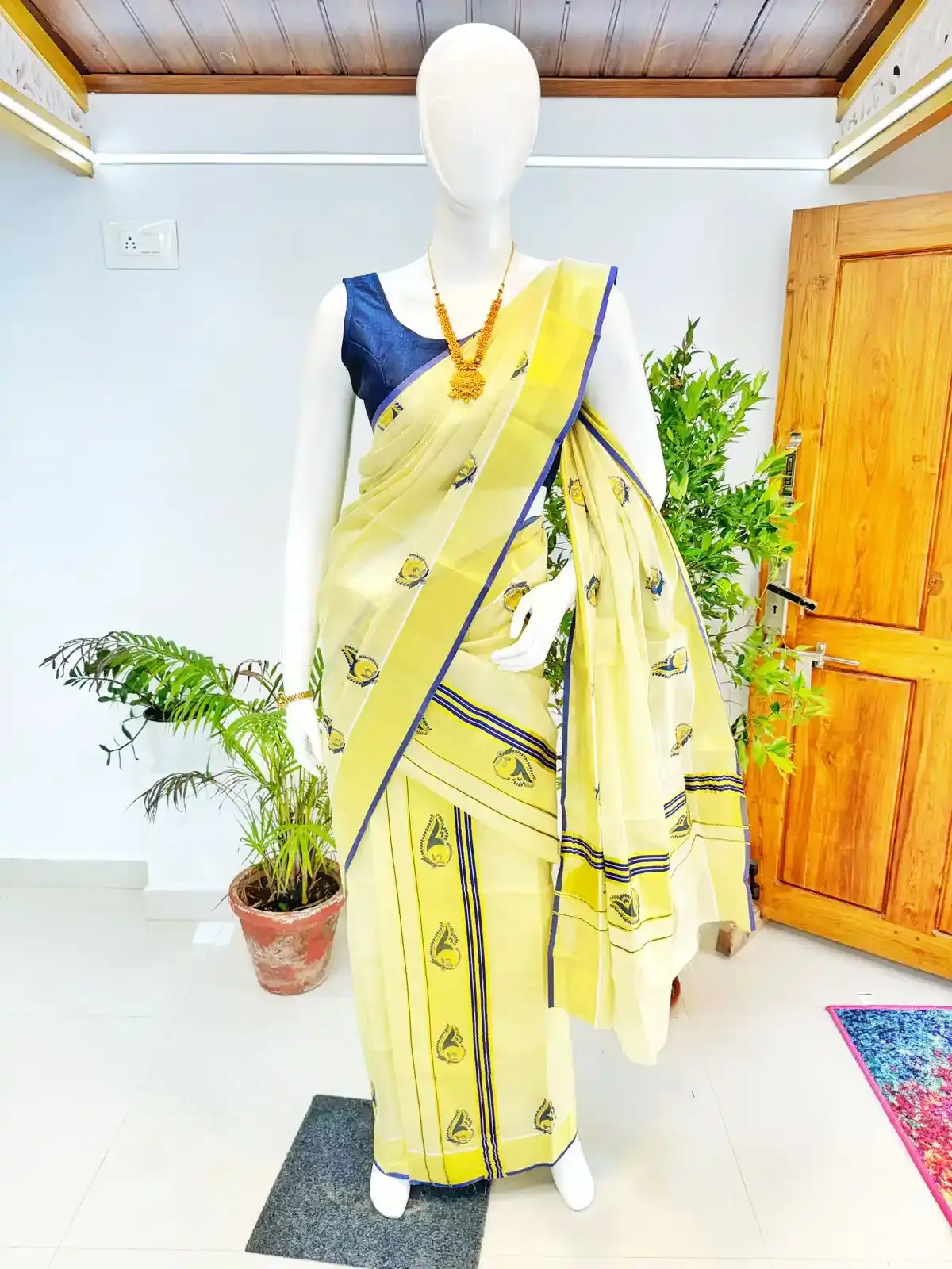 Prussian Blue Floral Designer Kasavu Tissue Setmundu main view