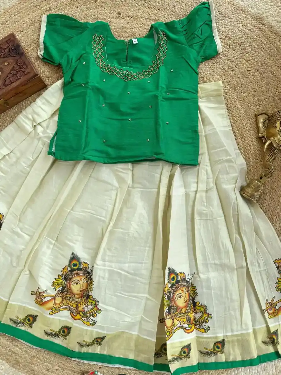 Mural Krishna Kasavu Skirt and Blouse 10 Year Kids Readymade Dress main view