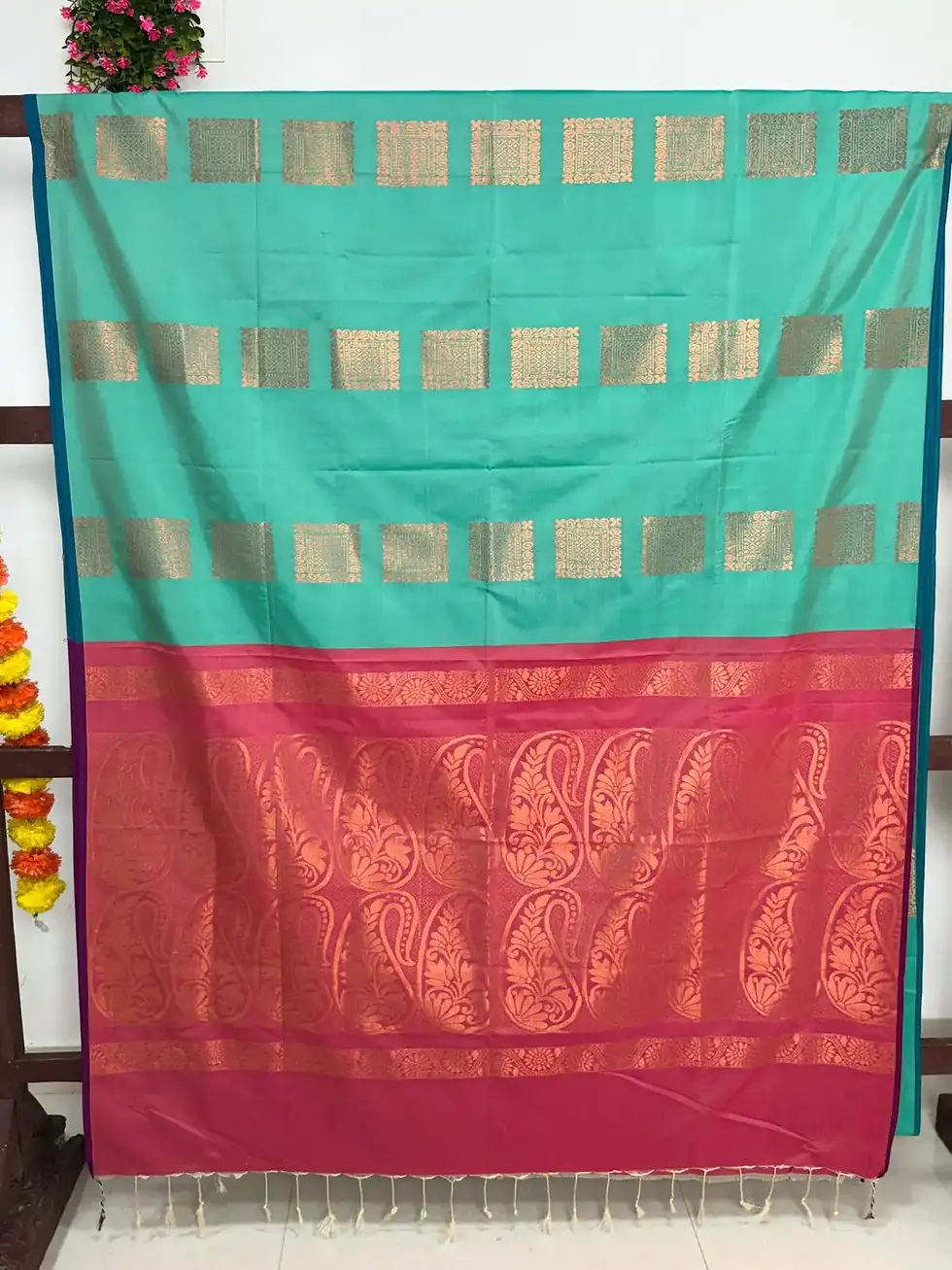 Mint Green Chathra Soft Silk Saree with Rouge Pallu main view