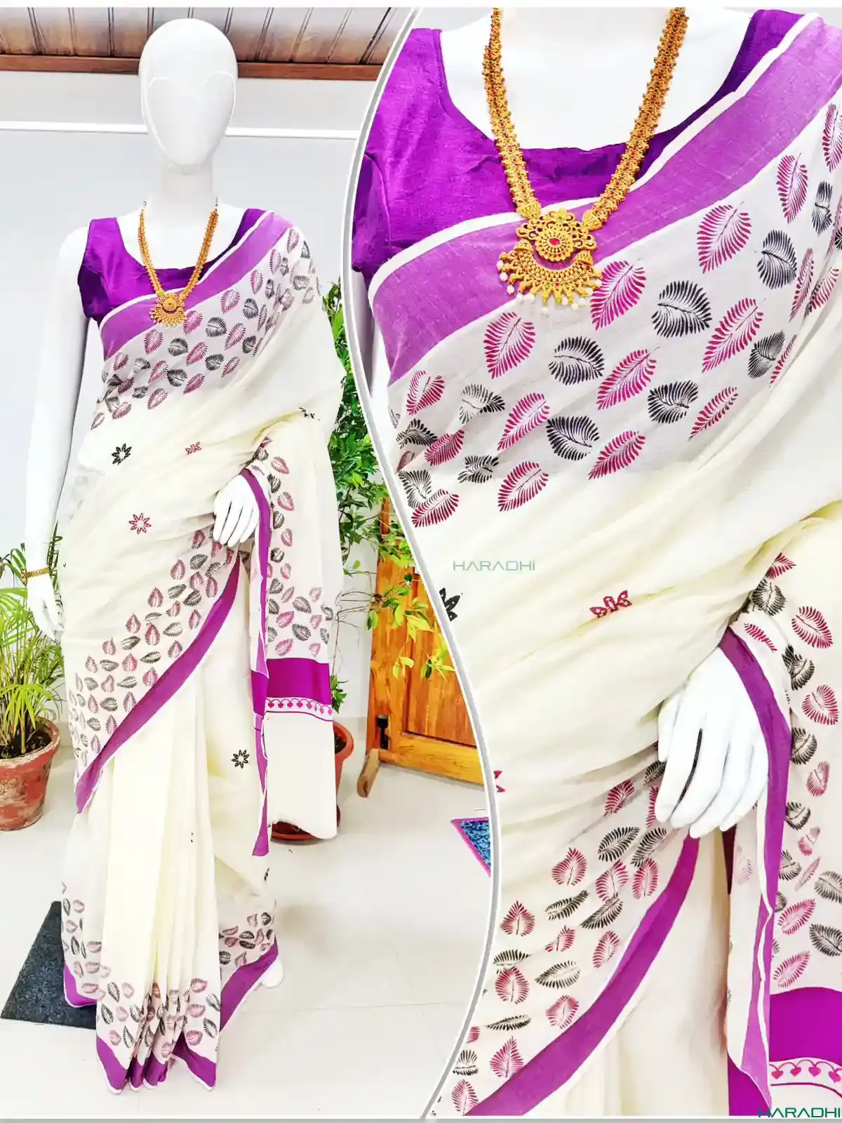 Purple Leaf Designer Cotton Kerala Saree