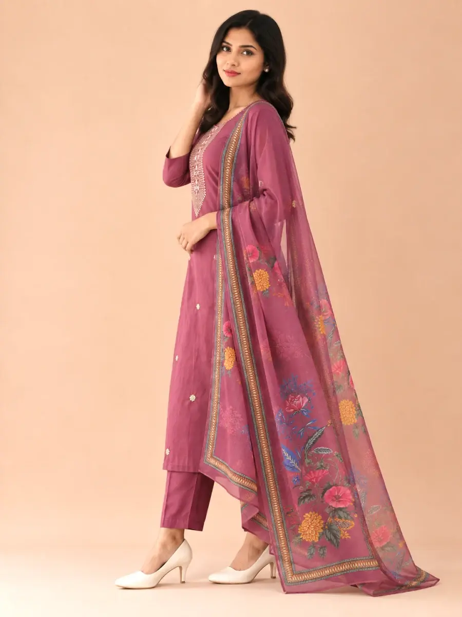 Thumbnail: Mauve Taupe Embroidery Designer Roman Silk 3 Piece Kurti Set side view
