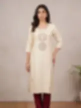 Multi-Color Embroidery White Cotton Kurti full view