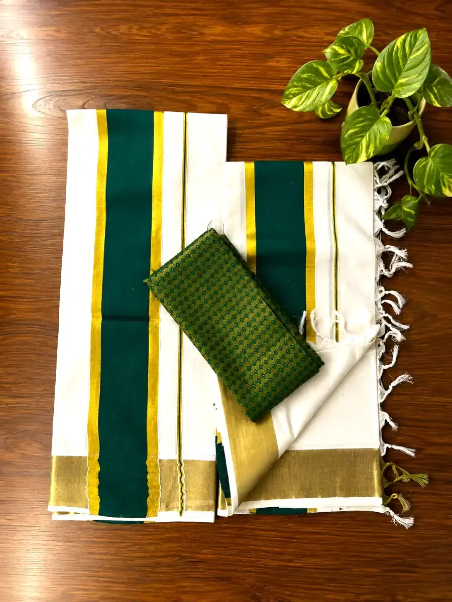 Forest Green Border Tussel Cotton Kasavu Set Mundu with Blouse main view
