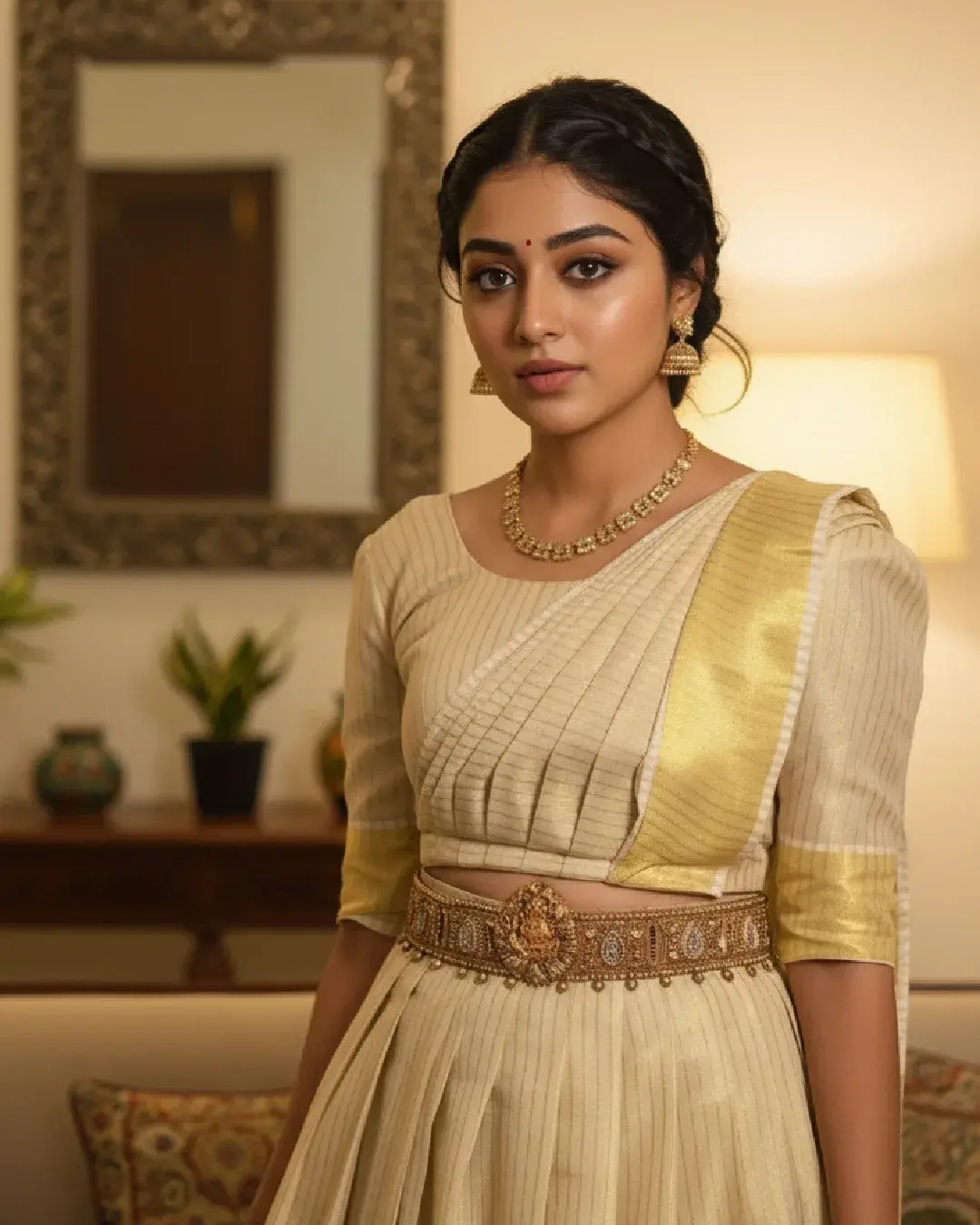 Stripe Designer Trending Half Pleated Kasavu Dhavani closeup view