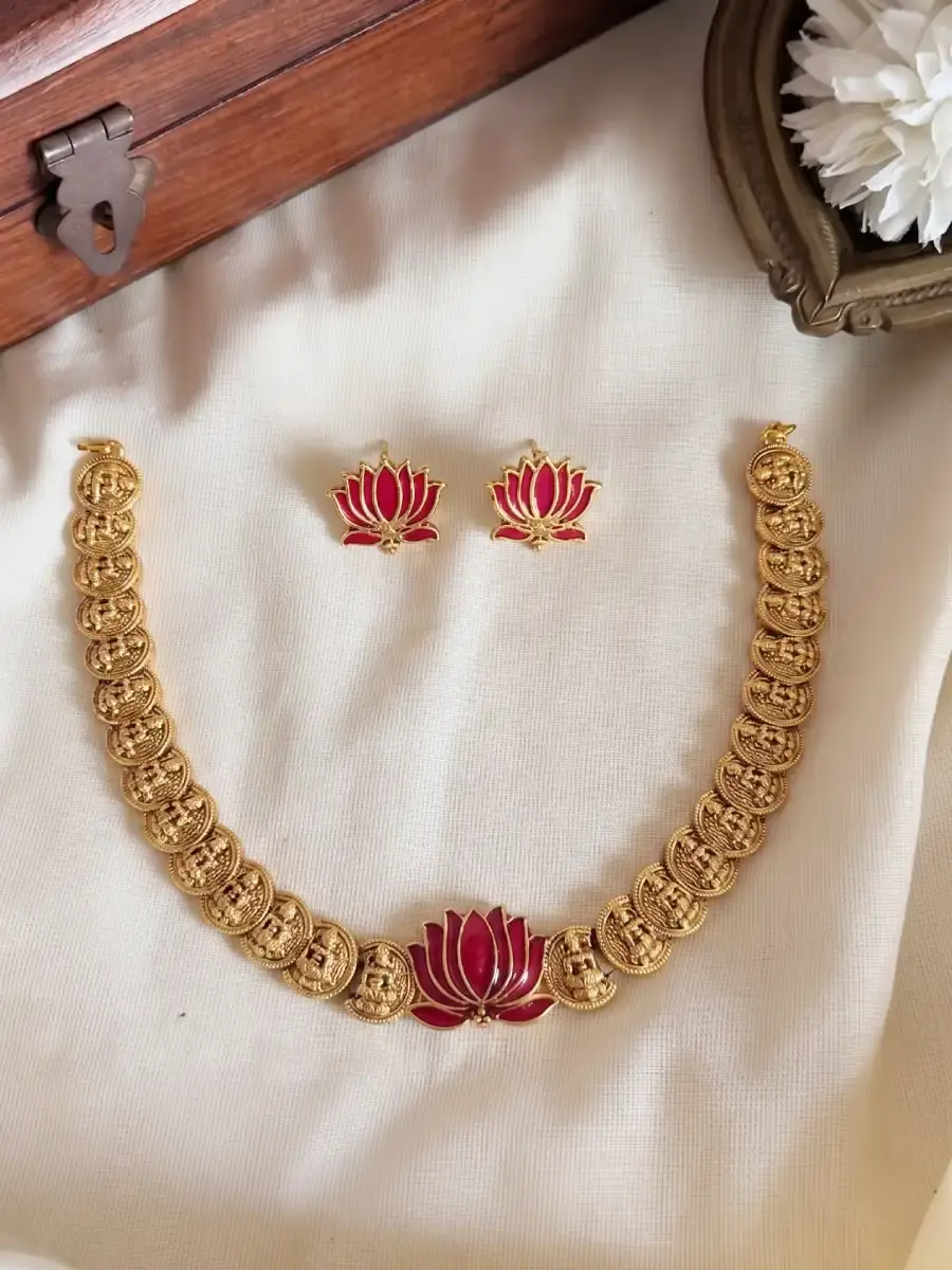 Premium Lakshmi Coin Lotus Necklace Set main view